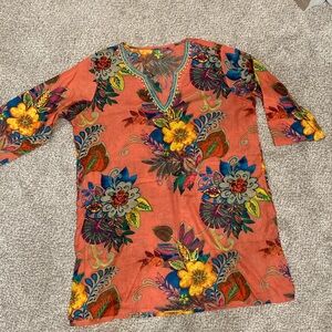 Floral V-Neck Tunic Top - Coral Multi